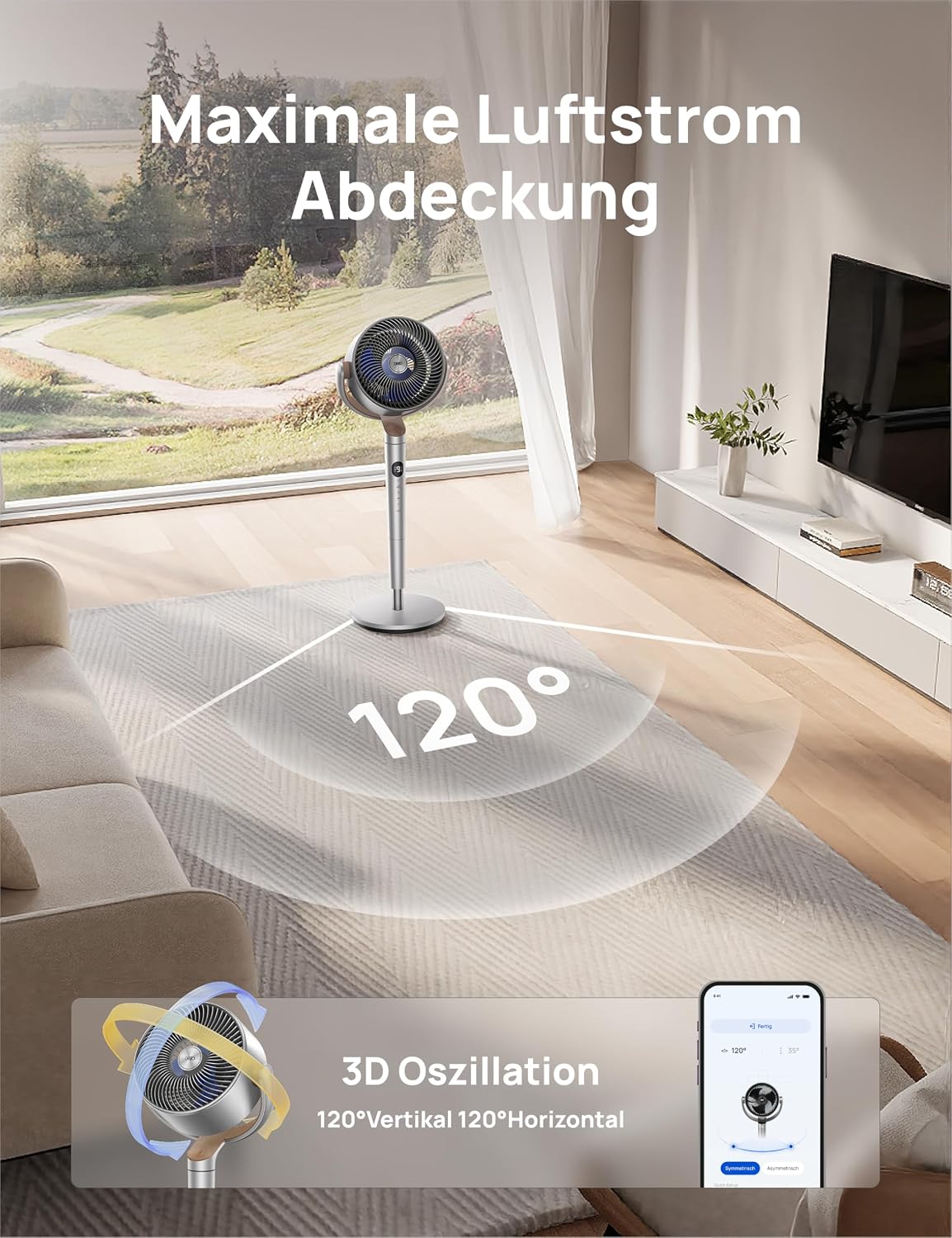 DREO Smart Standventilator mit RGB-Licht, 120°+120° Oszillation, Leiser 20 dB Bodenventilator mit Fernbedienung, 8H Timer, für Schlafzimmer, Silber