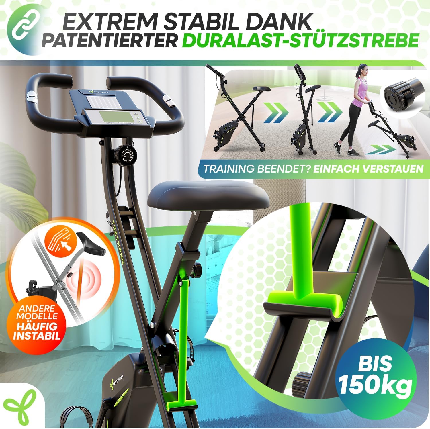 TRETMANN Heimtrainer klappbar 16 Stufen – Magnetbremse, Pulssensor, 150kg, DEKRA, Matt Stahl