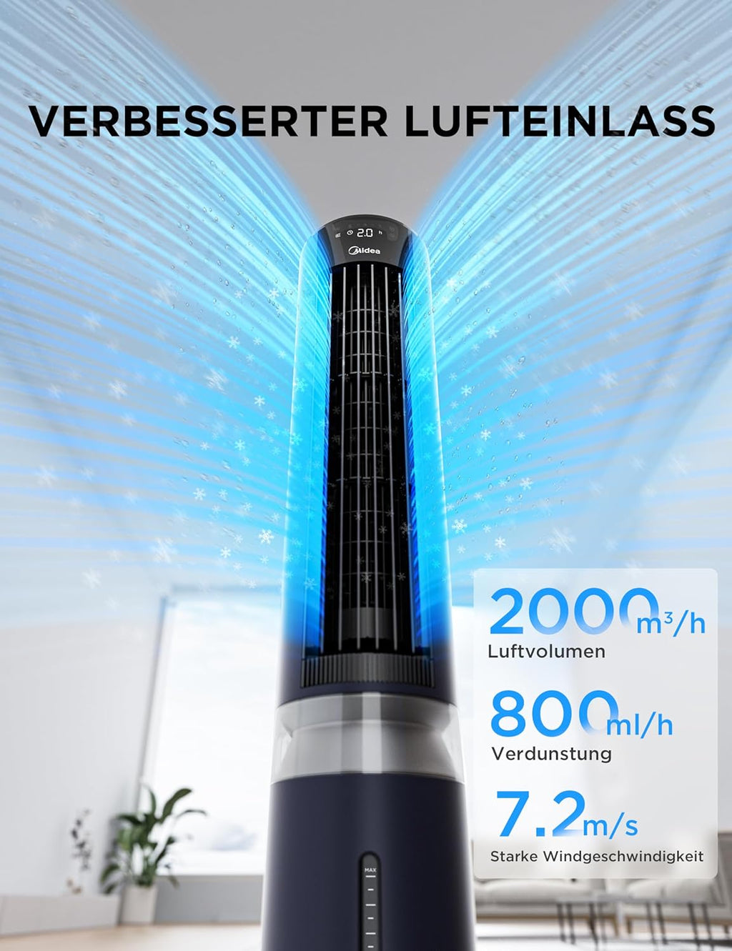 Midea MCF23XRB Luftkühler 7L – SensiCool, 2000 m³/h, 5 Modi, 6 Stufen, 28dB, Fernbedienung, Blau
