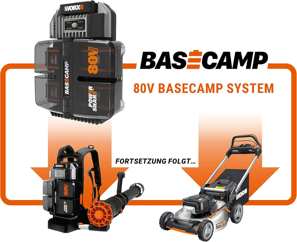WORX Nitro WG572E 80V (4x20V/4Ah) Laubbläser – Profi mit leistungsstark bürstenlosem Motor – großes Luftvolumen – Variable Geschwindigkeit mit Turbomodus – inkl. 4 x Pro Akkus & Basecamp Ladengerät
