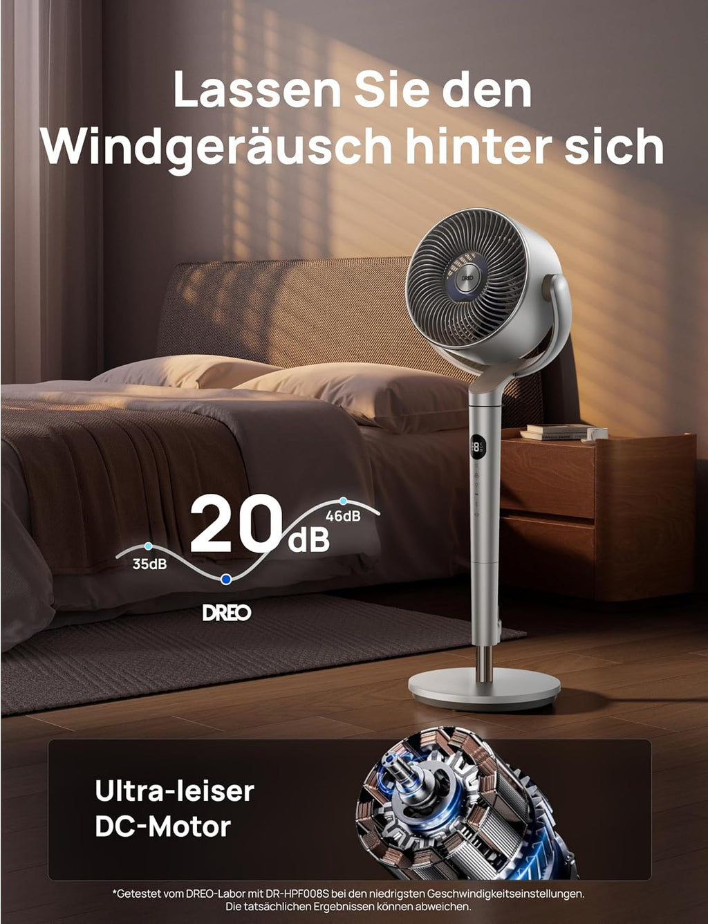 DREO Smart Standventilator mit RGB-Licht, 120°+120° Oszillation, Leiser 20 dB Bodenventilator mit Fernbedienung, 8H Timer, für Schlafzimmer, Silber