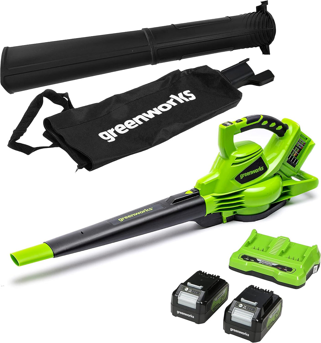 Greenworks 48V(24V x 2) Akku Laubsauger / Laubbläser mit Schultergurt, bürstenloser Motor, 322 km/h, 9 m³/min, 45L Fangsack, zwei 4Ah Batterien & Ladegerät, 3 Jahre Garantie GD24X2BVK4X