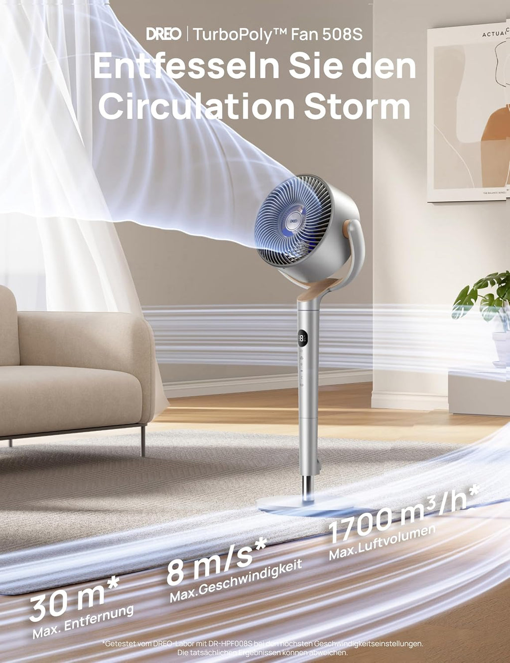 DREO Smart Standventilator mit RGB-Licht, 120°+120° Oszillation, Leiser 20 dB Bodenventilator mit Fernbedienung, 8H Timer, für Schlafzimmer, Silber