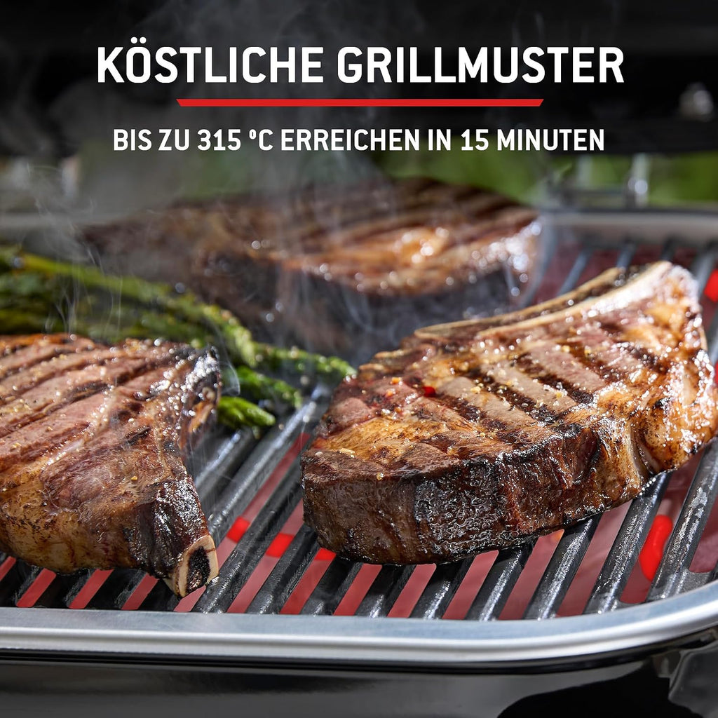 Weber Lumin Compact Tragbarer Kompakter Elektrogrill, Bis zu 315 °C, mit Deckelthermometer, Porzellanemaillierte Gusseisenroste, 43 x 32 cm Grillfläche, Schwarz (1502044)