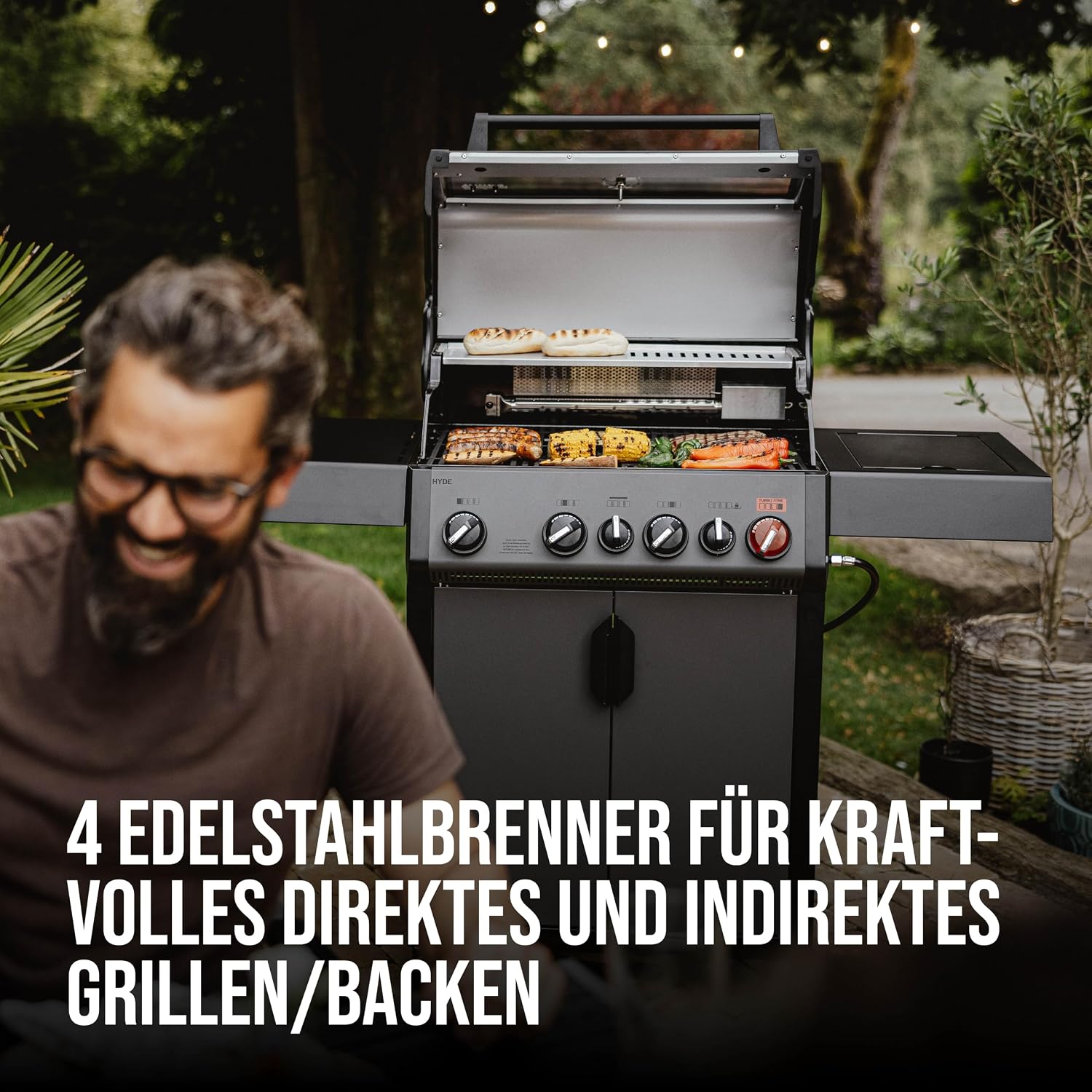 Enders® Gasgrill HYDE 4 SIKR Turbo, 4 Brenner aus Edelstahl für kraftvolles direktes und indirektes Grillen, 800 °C TURBO ZONE™, SWITCH GRID™, Infarot-Backburner und Seitenkocher, #8041