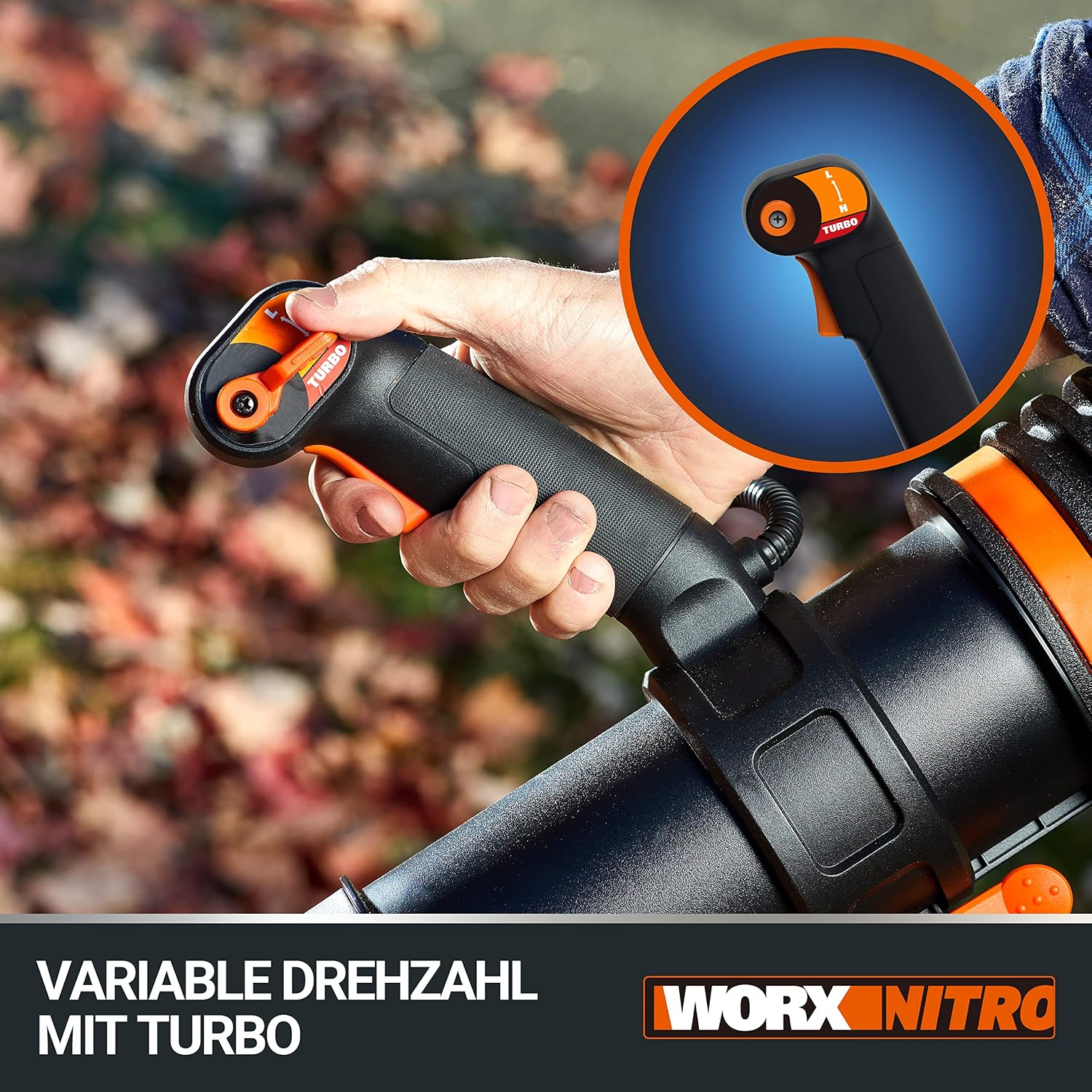 WORX Nitro WG572E 80V (4x20V/4Ah) Laubbläser – Profi mit leistungsstark bürstenlosem Motor – großes Luftvolumen – Variable Geschwindigkeit mit Turbomodus – inkl. 4 x Pro Akkus & Basecamp Ladengerät