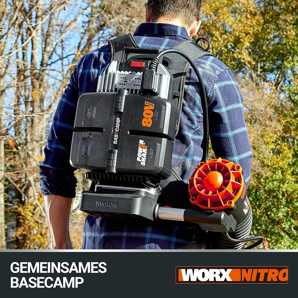 WORX Nitro WG572E 80V (4x20V/4Ah) Laubbläser – Profi mit leistungsstark bürstenlosem Motor – großes Luftvolumen – Variable Geschwindigkeit mit Turbomodus – inkl. 4 x Pro Akkus & Basecamp Ladengerät