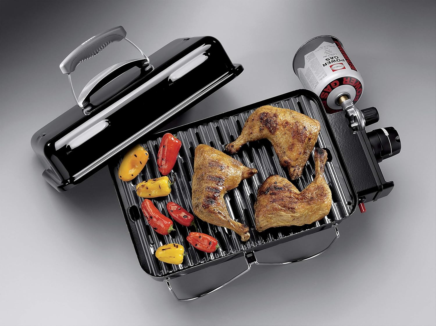 Weber Go-Anywhere Gasgrill | Grill mit klappbaren Beinen, Zündknopf, Robuste Emaille, leicht, kompakter Campinggrill, 42 x 26 cm Grillfläche, Schwarz