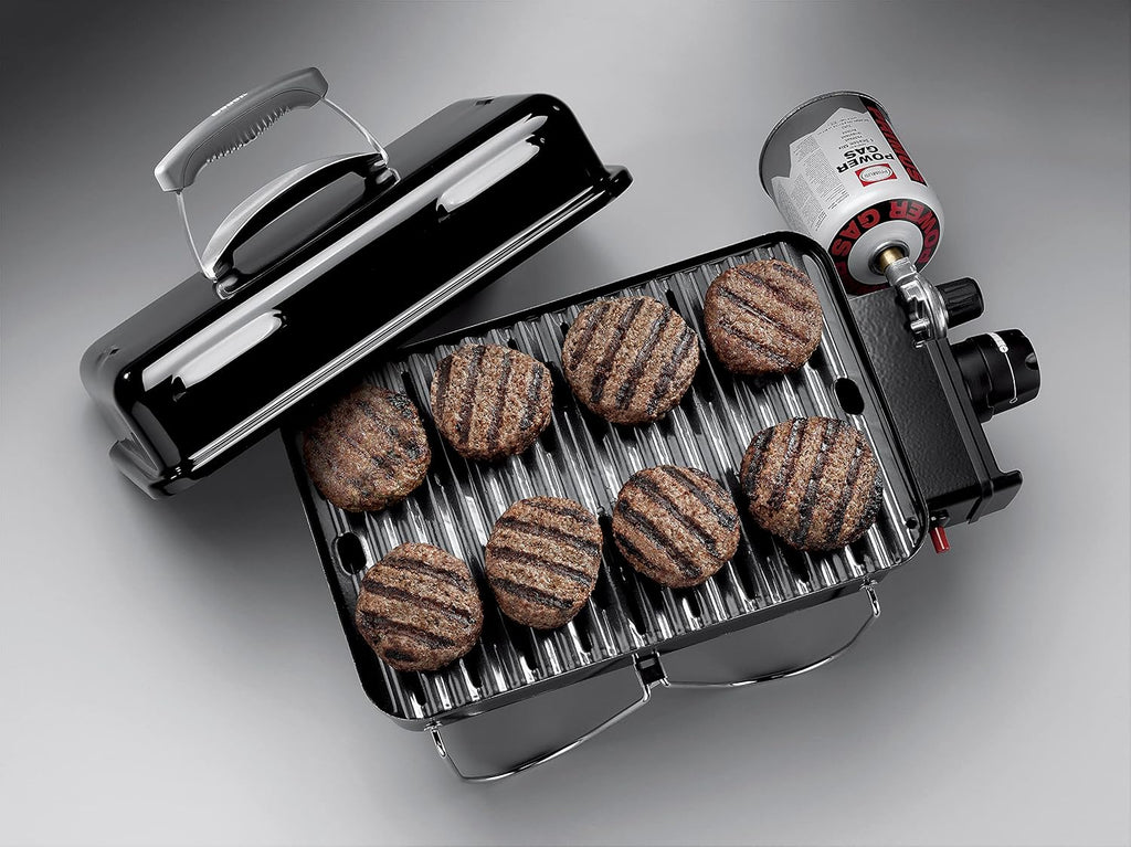 Weber Go-Anywhere Gasgrill | Grill mit klappbaren Beinen, Zündknopf, Robuste Emaille, leicht, kompakter Campinggrill, 42 x 26 cm Grillfläche, Schwarz