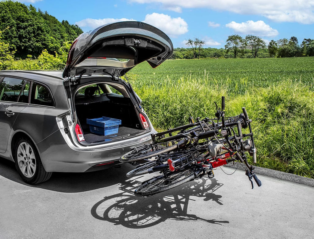 EUFAB 11555 Amber 3 bicycle carrier, suitable for e-bikes, partially pre-assembled, anti-theft protection, for 3 bicycles, for tow bar, approx. approx. 102 cm x 74 cm x 72 cm.
