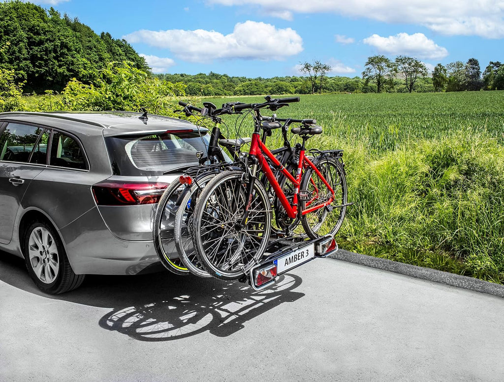 EUFAB 11555 Amber 3 bicycle carrier, suitable for e-bikes, partially pre-assembled, anti-theft protection, for 3 bicycles, for tow bar, approx. approx. 102 cm x 74 cm x 72 cm.
