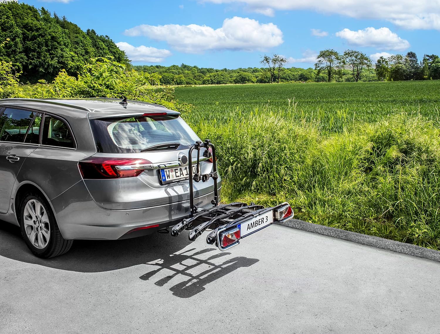 EUFAB 11555 Amber 3 bicycle carrier, suitable for e-bikes, partially pre-assembled, anti-theft protection, for 3 bicycles, for tow bar, approx. approx. 102 cm x 74 cm x 72 cm.
